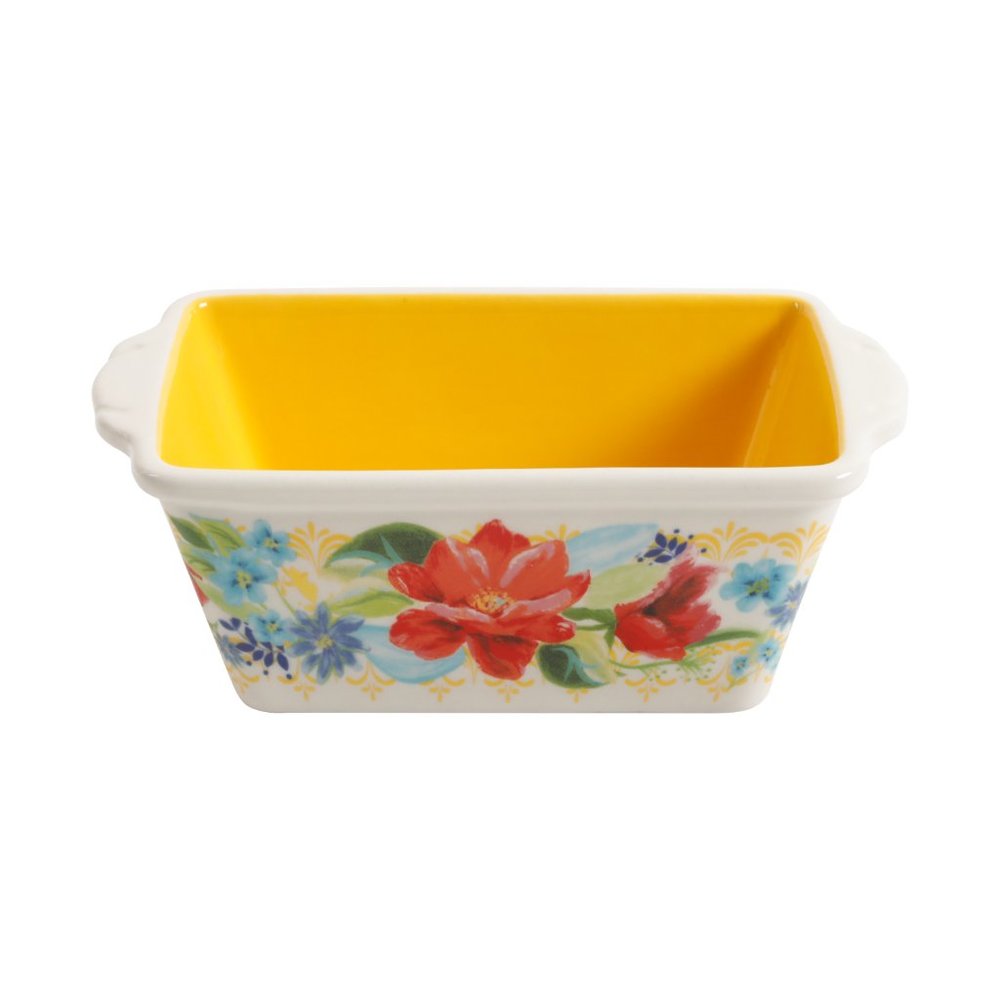 Pioneer Woman Mini Ceramic Loaf Pan Floral Spring Bouquet Yellow Red 5.5in New